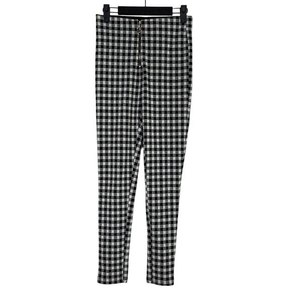 Zara Checkered Front Zip Up Mid Waist Skinny Stretch Ankle Pants S Black White - Picture 2 of 16
